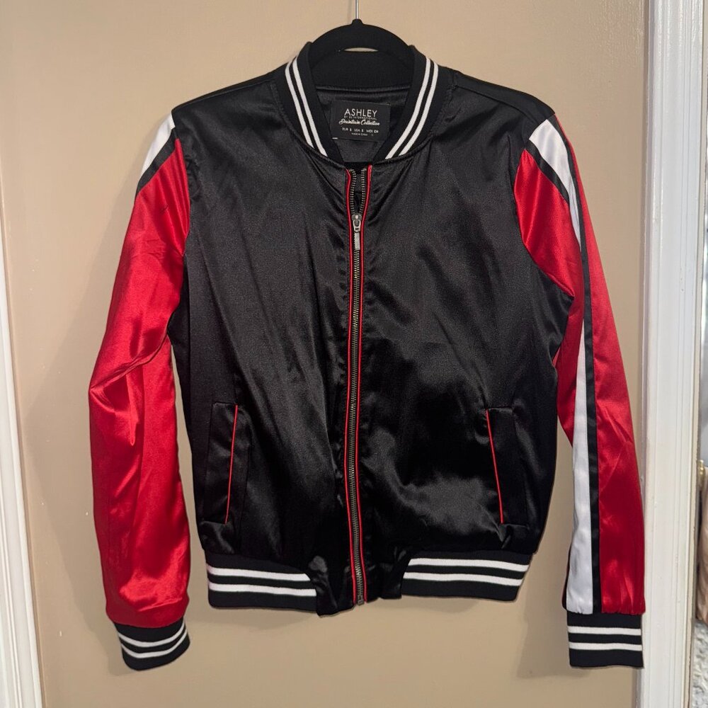 Fashion Nova Black Satin Bomber Jacket with Red & White Stripe Sleeves